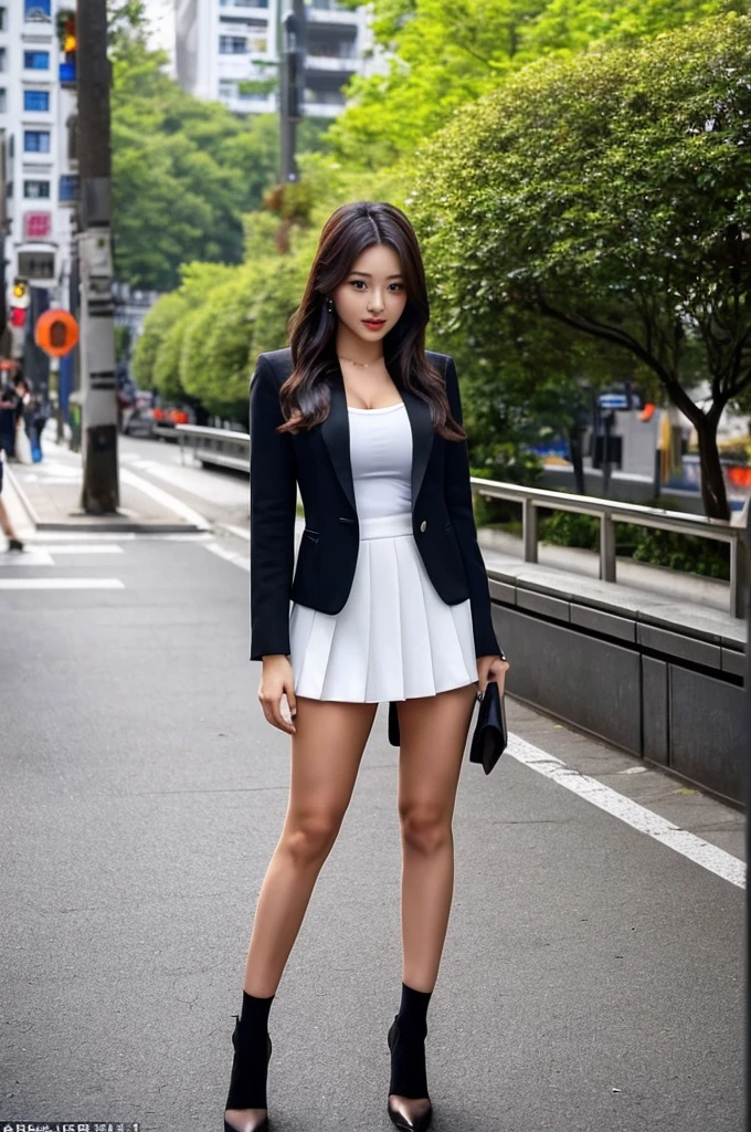a 18 year old girl, she is the most beautiful actress in the world, the perfect body proportions of this girl, the skin of her whole upper body is covered 100%, her large breasts within clothes are indirectly appealed, formal blazer is firmly closed on her waist between shirt and short skirt, the panties between her legs under short skirt is seen just 1cm, her bare thighs, her bare knees, her face and her body is looking straight at viewer of this picture, only one description of this picture, below her shins are out of this picture frame, her head is right below the top of this picture frame, at city street, she is standing straight, best quality, highly detailed, masterpiece, ultra high res, photo realistic, 8k, RAW photo