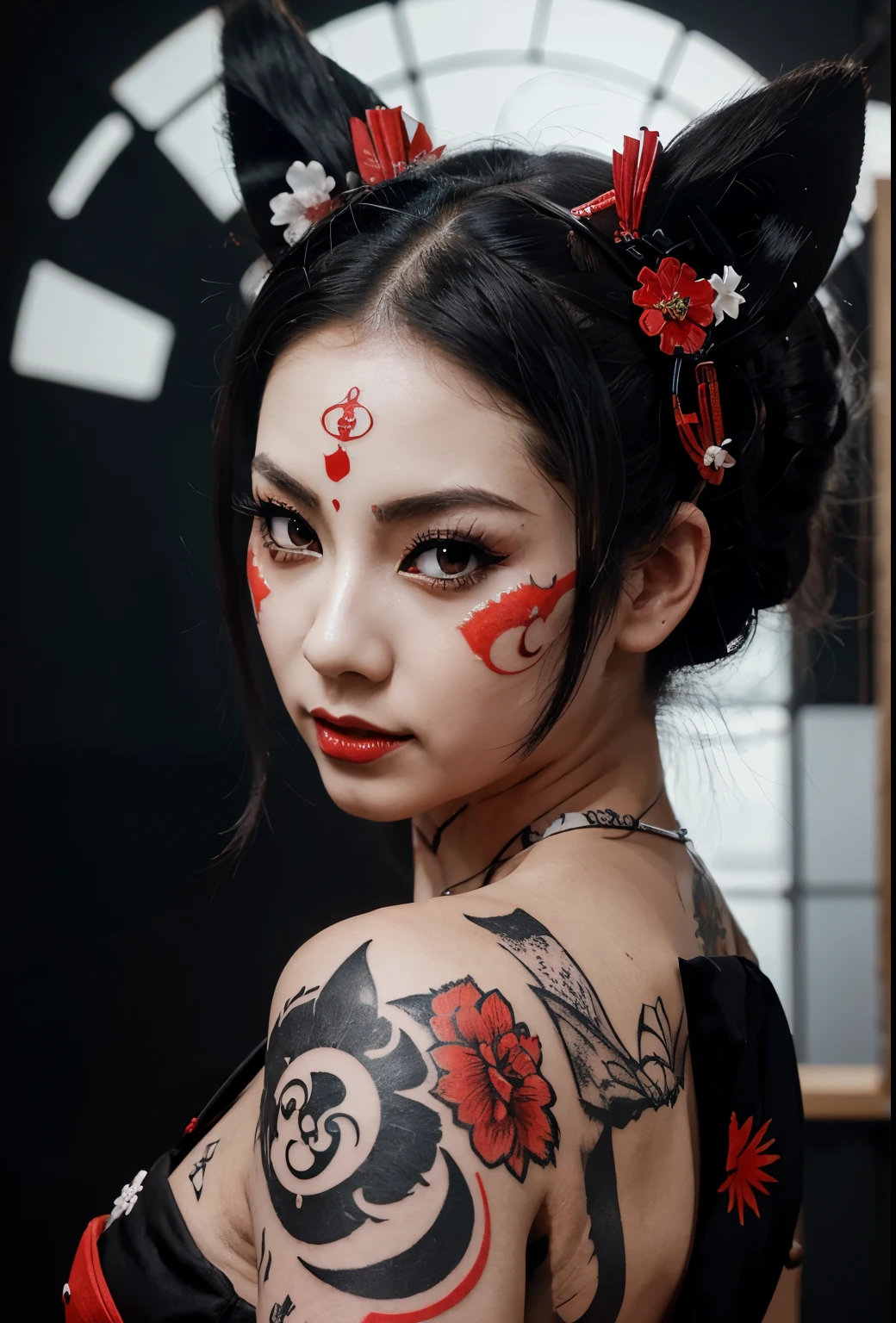 vector art, geisha with kitsune mask tattoo design in anime style in black, white and red color, trending on artstation, sharp focus, studio photo, intricate details, highly detailed, 8k, hdr