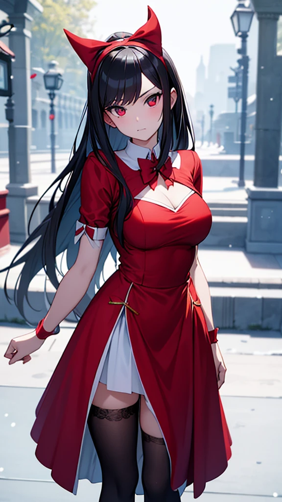Araffe dressed as a snow white with a red bow and a red bow, Beautiful Vampire Queen, realistic Cosplay, Adventure Time Marceline, anime girl Cosplay, 4K HD snow white hair, Beautiful Vampire Queen, snow white as a d &d Fighter, snow white, anime Cosplay, Cosplay, Vampire Carmilla, Long black hair, on the road,Torn clothes,Large Breasts