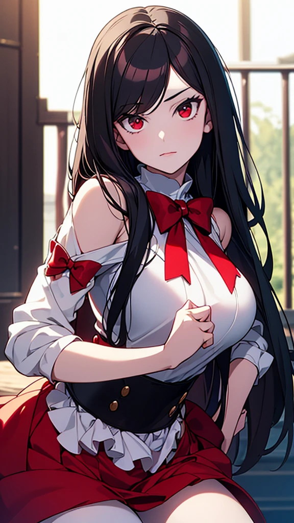 Araffe dressed as a snow white with a red bow and a red bow, Beautiful Vampire Queen, realistic Cosplay, Adventure Time Marceline, anime girl Cosplay, 4K HD snow white hair, Beautiful Vampire Queen, snow white as a d &d Fighter, snow white, anime Cosplay, Cosplay, Vampire Carmilla, Long black hair, on the road,Torn clothes,Large Breasts