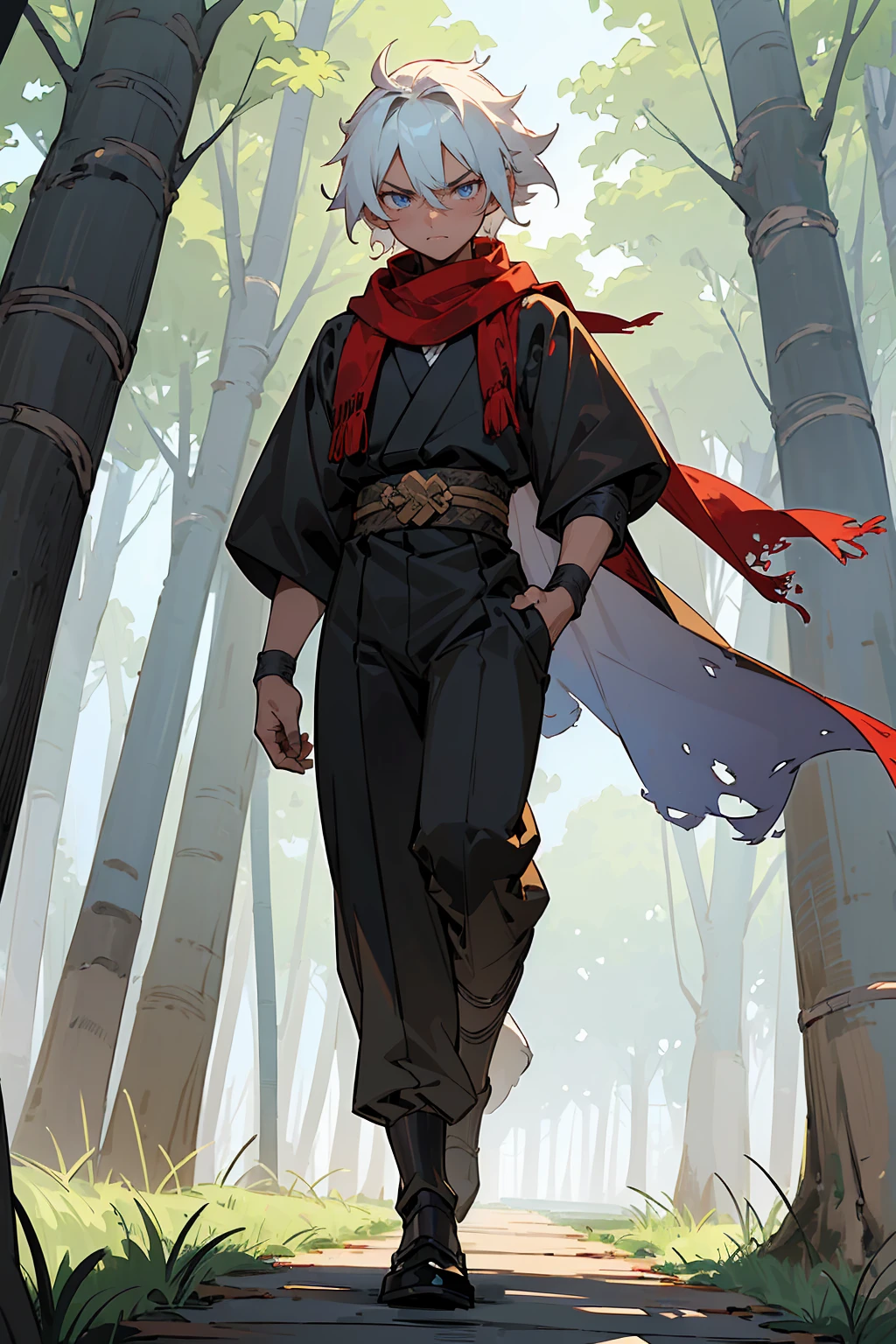((masterpiece,best quality,1male,male focus,masculine,solo,closed mouth,teenager,muscle,muscular)),((((white hair,short messy hair)))),((pale blue eyes,perfect eyes,glowing eyes,perfect face,serious demeanor)),(((black skin,dark skin color,standing still,caramel skin color,white haori,tattered red scarf,demon slayer outfit))),((forest background,trees,walking on path,grass))