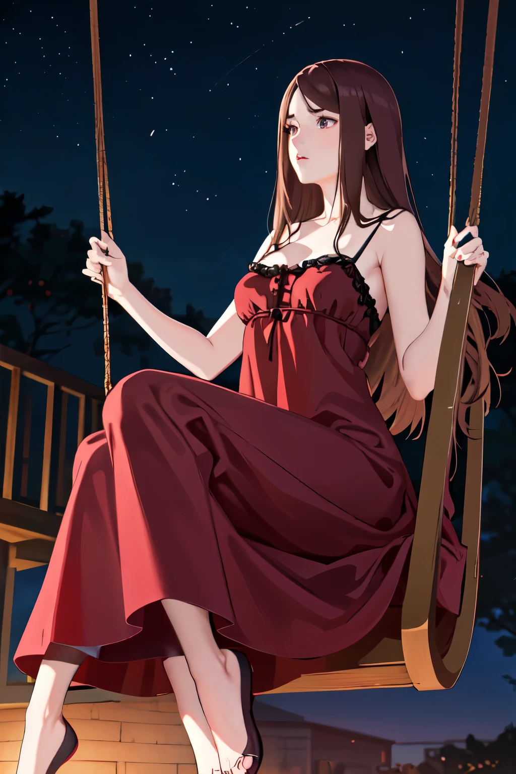 1 girl,cute,Sitting on a swing, Facing right, camera angle from the side, photo from the side, looking away,at night,straight hair,brown hair, bright red eyes,big breast,,Looking away,,Night gown ,half body photo,Closed mouth