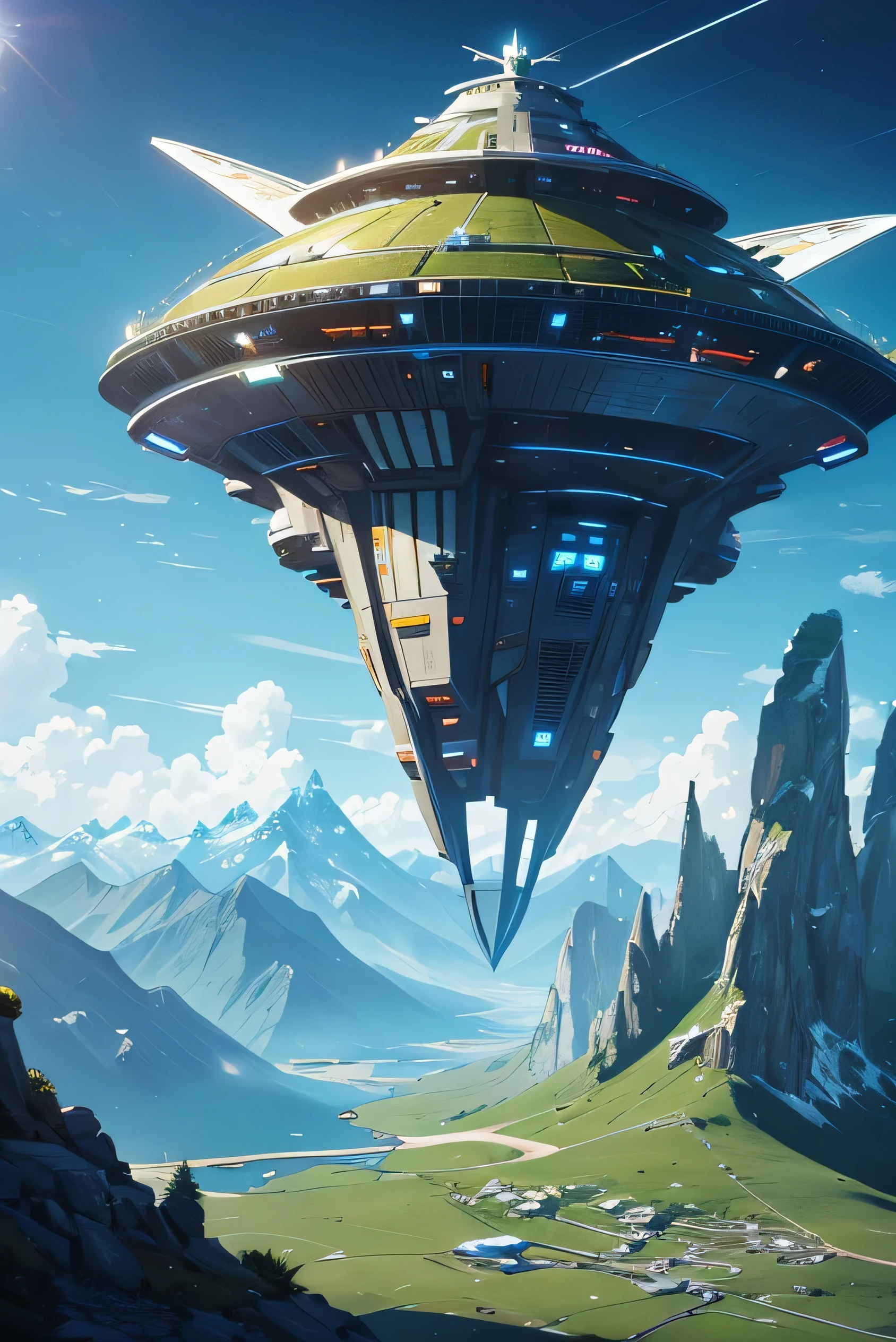 spaceship flying over a mountain with sky background, verdant exoplanet, science fiction spaceship, science fiction fantasy art, ((((spaceship gone away))))