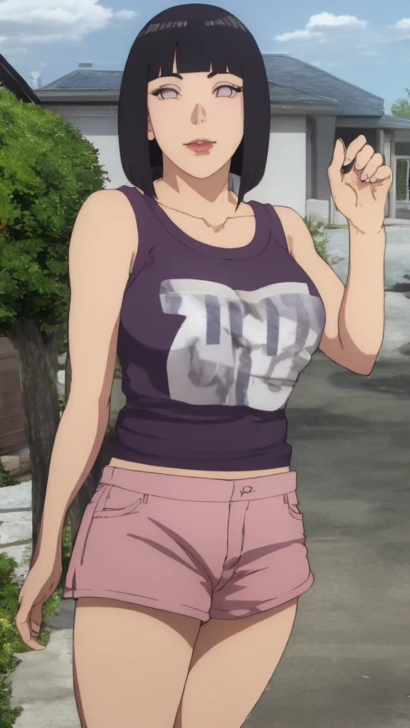 Masterpiece, Hinata\(Boruto\), 1 girl, alone,mature woman, (wearing mini tanktop & mini hotpants:1.25), outdoor, look at viewer, (petals falling), The sky is cloudy, laundry-ing, perfect composition, details lips, big breast, Beautiful face, body proportions, Blush, (pink lips), long hair, purple eyes, soft stare, sad smile, Very realistic, details, photography, accurate faces and bodies, stay-at-home wife, lonely wife x burly black granpa,