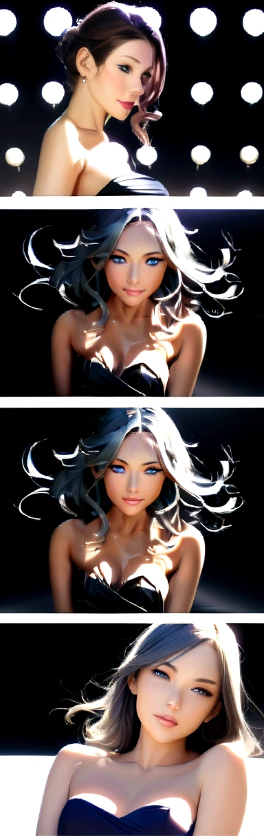 (best quality, ultra-detailed, photorealistic: 1.39), bright and vibrant colors, studio lighting, romantic expression, seductive elegant dress, strapless, not vulgar, elegant makeup, long gray hair flowing in the wind, attractive eyes, lips bright, sexy pose, beautiful roses, smiling confidently and seductively, posing for a professional photo shoot, shallow depth of field, soft natural lighting, creating a dreamy and magical atmosphere.