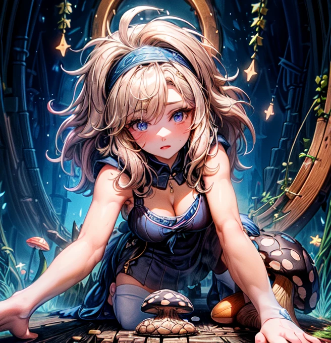 a beautiful 20 year old blonde woman with big messy hair in a blue dress, white stockings, black headband, cleavage, holding a glowing mushroom, fantasy art style, highest quality, masterpiece, 8k, 超A high resolution, beautiful face, 