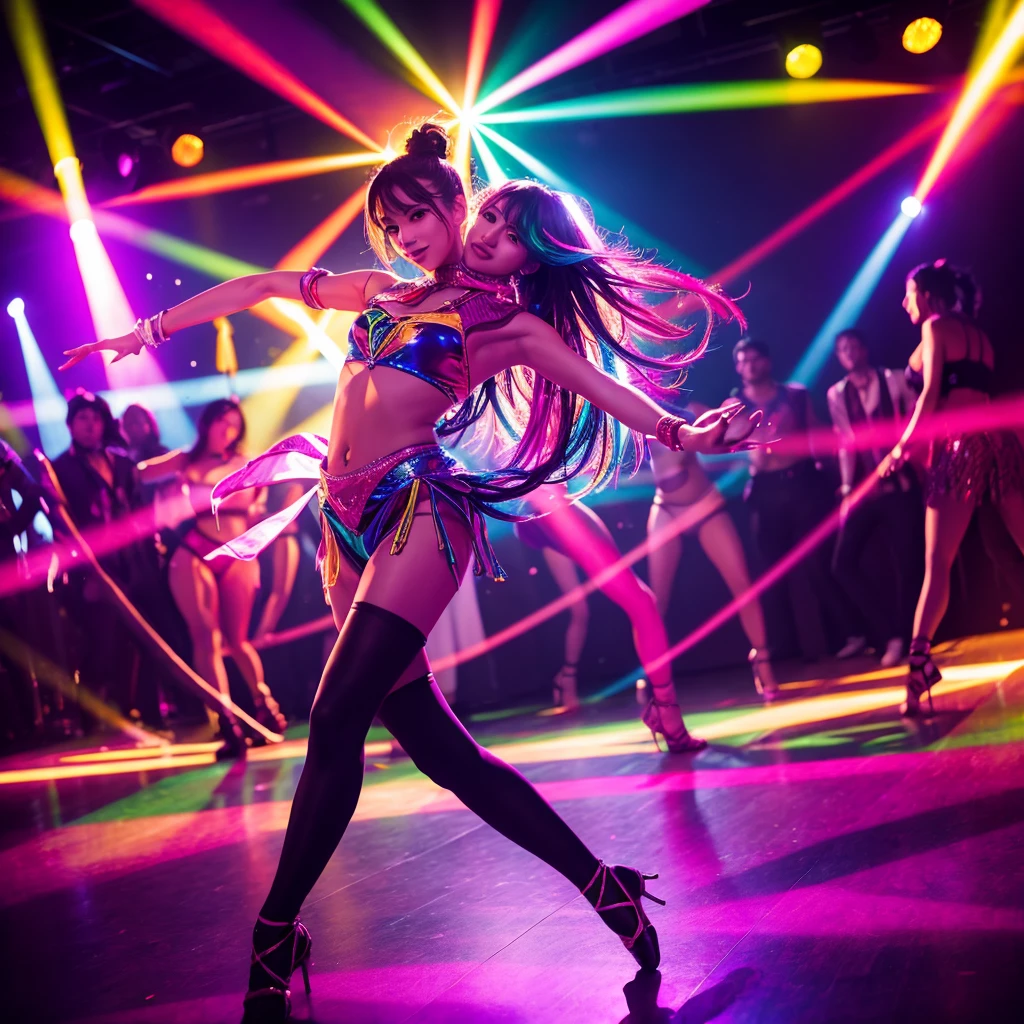 Club setting with vibrant lights
Women in dance poses
Flashing lights and dynamic colors