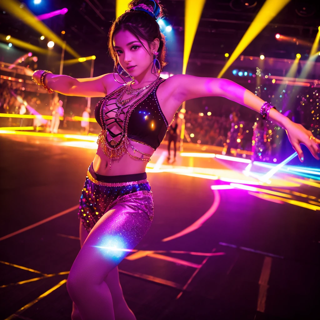 Club setting with vibrant lights
Women in dance poses
Flashing lights and dynamic colors