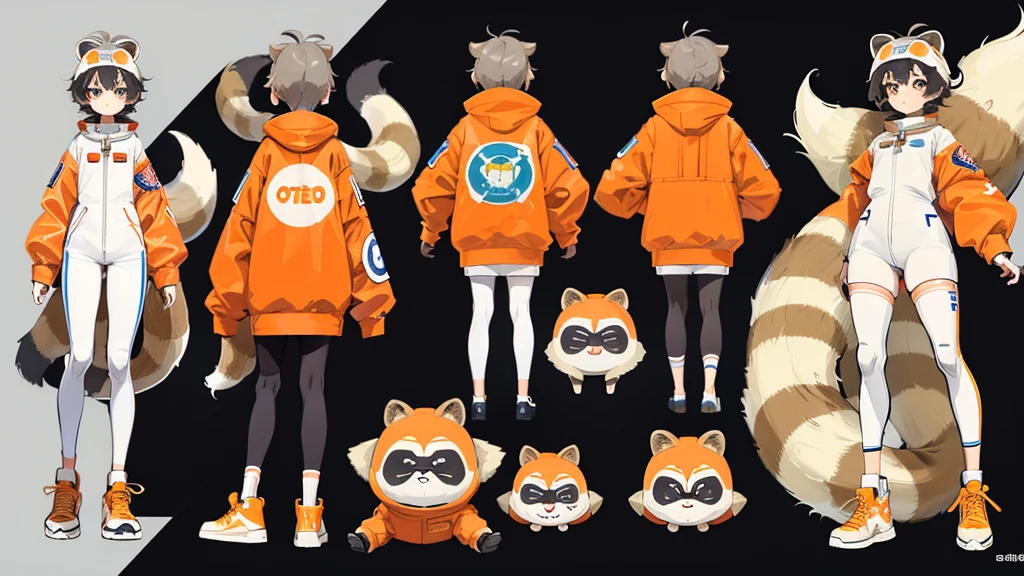 "Draw a raccoon wearing an astronaut suit in an anime chibi style. The astronaut suit should have orange details and a retro art deco design, slightly oversized to emphasize the chibi style. Create a character design sheet with the raccoon in different poses and from different angles, wearing sneakers."
