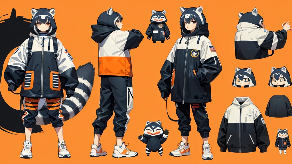 "Draw a raccoon wearing an astronaut suit in an anime chibi style. The astronaut suit should have orange details and a retro art deco design, slightly oversized to emphasize the chibi style. Create a character design sheet with the raccoon in different poses and from different angles, wearing sneakers."