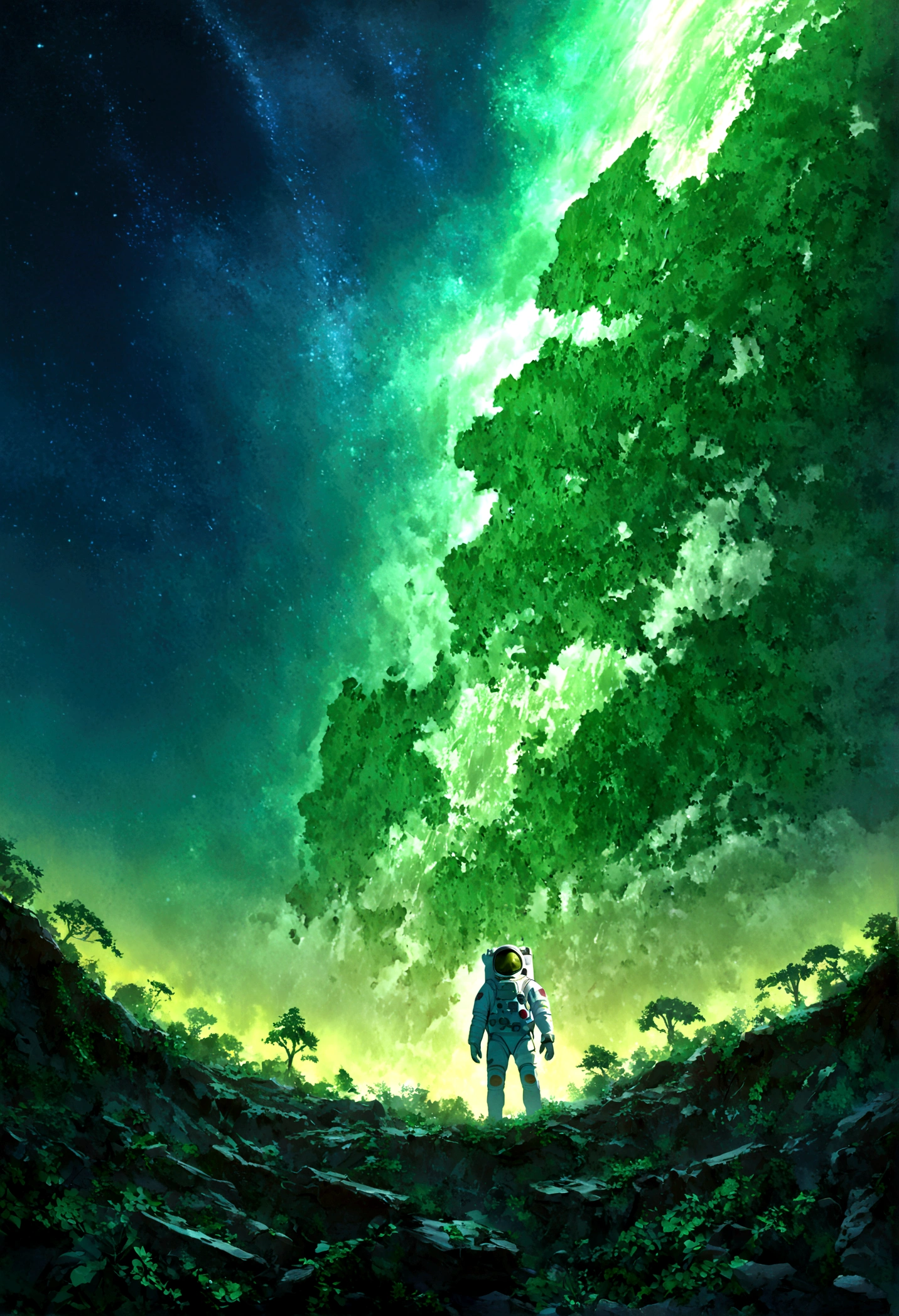 An astronaut standing on an alien planet filled with lush greenery, looking up at a destroyed Earth in the sky. The planet's vibrant landscape contrasts with the broken and fragmented view of Earth, creating a surreal and poignant scene. Intricate details, vivid colors, dramatic lighting, hd quality