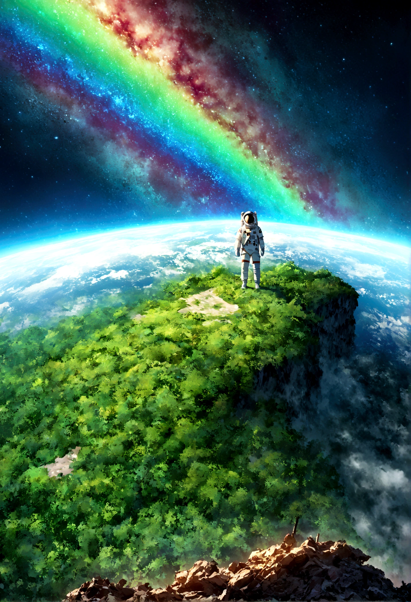 An astronaut standing on an alien planet filled with lush greenery, looking up at a destroyed Earth in the sky. The planet's vibrant landscape contrasts with the broken and fragmented view of Earth, creating a surreal and poignant scene. Intricate details, vivid colors, dramatic lighting, hd quality