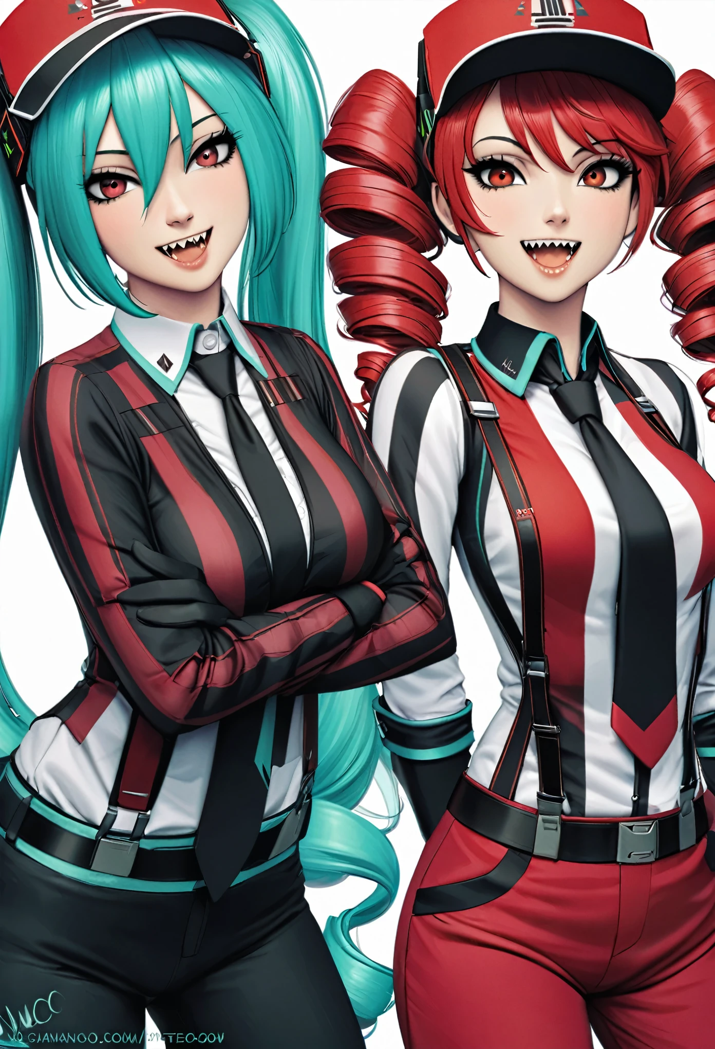 Sciamano240 style, red_hair, 2girls, multiple_girls, necktie, gloves, red_headwear, red_eyes, twin_drills, shirt, drill_hair, kasane_teto, striped, twintails, pants, hat, suspenders, open_mouth, sharp_teeth, looking_at_viewer, teeth, hatsune_miku, aqua_hair, visor_cap, choker, white_background, red_pants, collared_shirt, black_eyes, black_necktie, smile, cowboy_shot, bow, white_shirt, striped_shirt