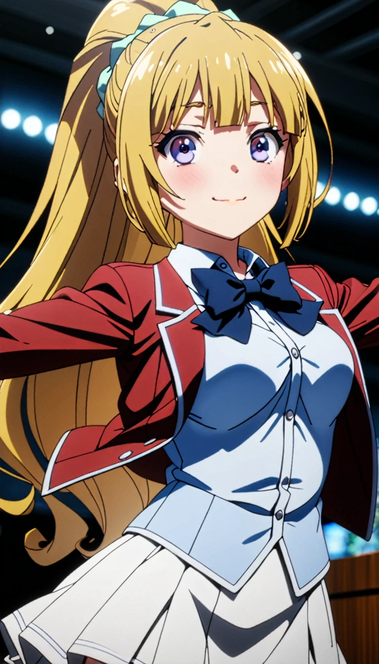 (8k, best quality, masterpiece,ultra detailed, ultra high res:1.2), BREAK (anime keyvisual:1.1), 1girl, Kei Karuizawa, Kei Karuizawa \(youjitsu\), long hair, ponytail, yellow hair, purple eyes, blue bow, hair scrunchie, medium breasts, red blazer,buttoned blazer, blue bowtie, long sleeves, white skirt,jumping ,arms hold up, cowboy shot, smile,closed mouth,blue sky background