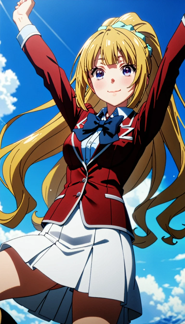 (8k, best quality, masterpiece,ultra detailed, ultra high res:1.2), BREAK (anime keyvisual:1.1), 1girl, Kei Karuizawa, Kei Karuizawa \(youjitsu\), long hair, ponytail, yellow hair, purple eyes, blue bow, hair scrunchie, medium breasts, red blazer,buttoned blazer, blue bowtie, long sleeves, white skirt,jumping ,arms hold up, cowboy shot, smile,closed mouth,blue sky background