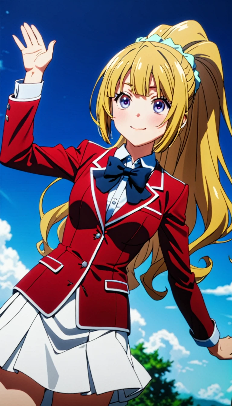 (8k, best quality, masterpiece,ultra detailed, ultra high res:1.2), BREAK (anime keyvisual:1.1), 1girl, Kei Karuizawa, Kei Karuizawa \(youjitsu\), long hair, ponytail, yellow hair, purple eyes, blue bow, hair scrunchie, medium breasts, red blazer,buttoned blazer, blue bowtie, long sleeves, white skirt,jumping ,arms hold up, cowboy shot, smile,closed mouth,blue sky background