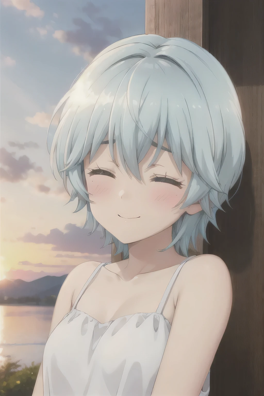 Shyness with eyes closed,Sunset,White Dress,Blue Hair,cute,Slightly blush,