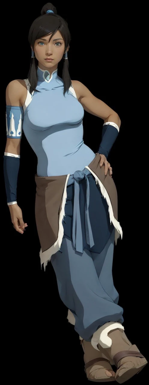 Korra from the legend of korra ,beautiful and bold ,having big blue eyes , gorgeous look and black overhead pony tail hair