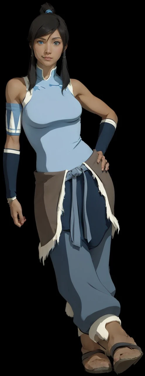 Korra from the legend of korra ,beautiful and bold ,having big blue eyes , gorgeous look and black overhead pony tail hair
