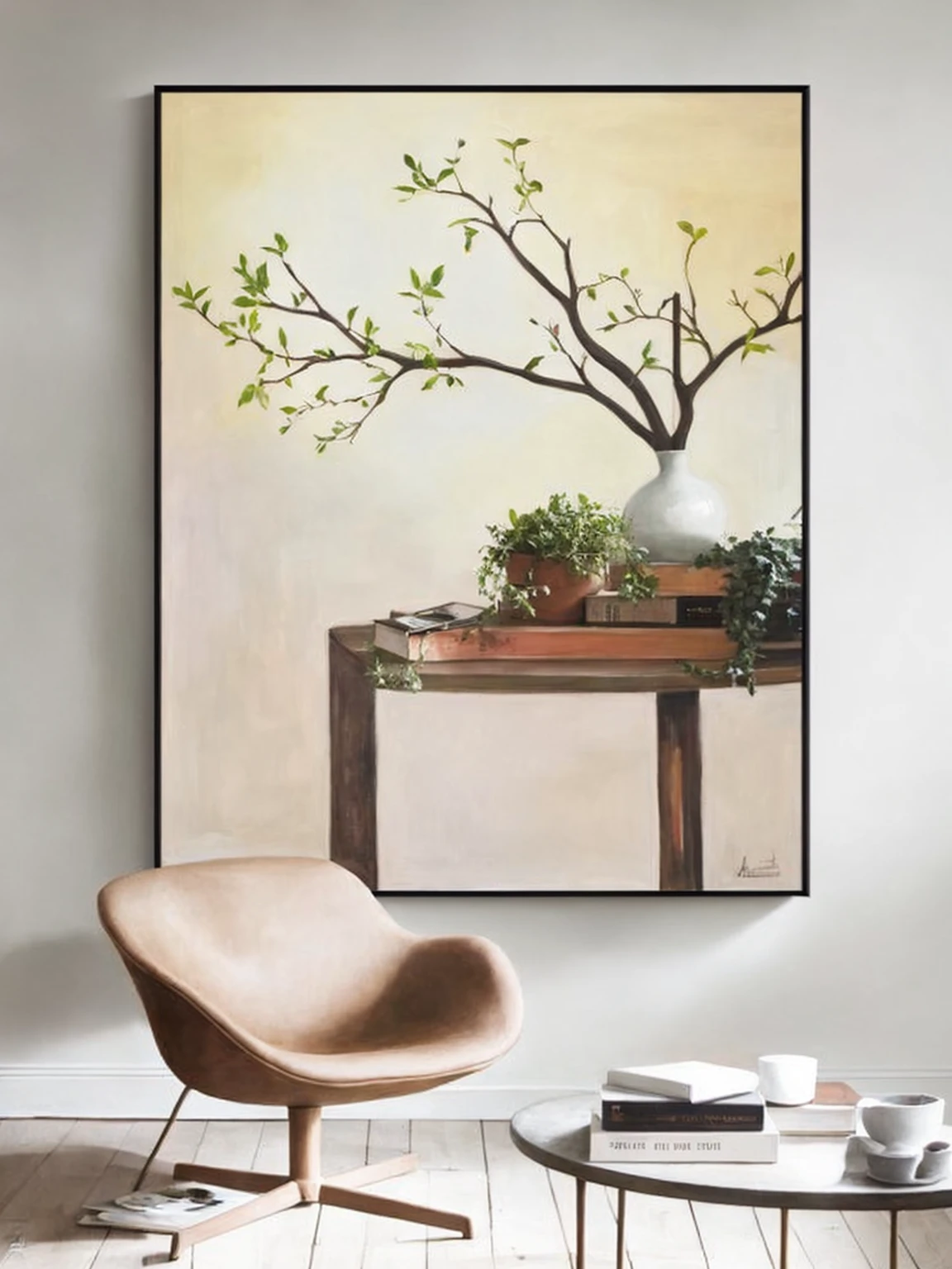 there is a painting of'a tree in a vase on the wall, rouleau suspendu au mur, Style de peinture chinoise, Affiche d'inspiration japonaise, Style aquarelle chinois, peinture de style chinois, Works of'High quality art, placé dans un salon, Japanese style painting, Clean and elegant paint, Ghost Festival, art sur toile, art sur toile print, Japanese art, Minimalist painting