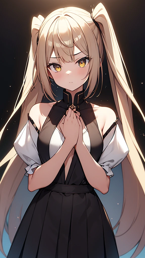 Absurd ,masterpiece, main office, 4K, High resolution, Highest quality, 1girl in center screen with beautifulface, white_hair. (Black Costume:1.2),Deep Darkness, 前hair, chest, Eyebrow_appear_Through_hair, hair_ornament, Light_particle, length_hair, Looking_in_Audience, Moderate_chest, Sand Dunesの表面, 一人in, null間, star_(null), starry_null, Twin tails, very_length_hair, yellow_eye, transparent, see-Through,(background_Giedi_Prime_Sand Dunes:1.0), (Innocent face:1.1), beautiful eye, volumetric Lighting, True Shadow.