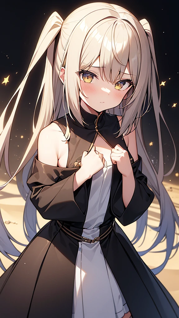 Absurd ,masterpiece, main office, 4K, High resolution, Highest quality, 1girl in center screen with beautifulface, white_hair. (Black Costume:1.2),Deep Darkness, 前hair, chest, Eyebrow_appear_Through_hair, hair_ornament, Light_particle, length_hair, Looking_in_Audience, Moderate_chest, Sand Dunesの表面, 一人in, null間, star_(null), starry_null, Twin tails, very_length_hair, yellow_eye, transparent, see-Through,(background_Giedi_Prime_Sand Dunes:1.0), (Innocent face:1.1), beautiful eye, volumetric Lighting, True Shadow.