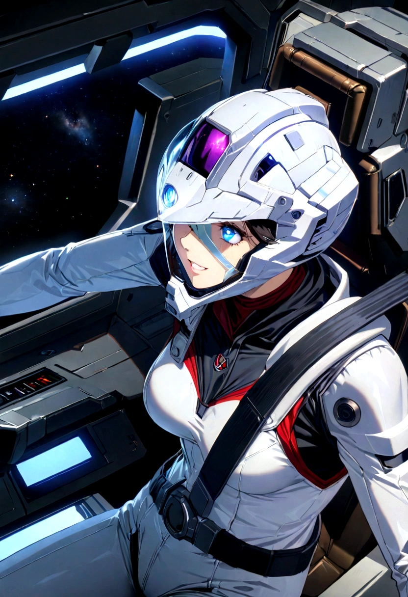 gundamwingcockpit, Woman piloting in cockpit, intricate detail, Highly Detailed beautiful and aesthetic, amazing quality, (masterpiece), (high quality), wallpaper 8K CG, high resolution, extremely detailed, photorealistic, 1 girl, extremely beautiful detailed face and eyes, grin, Beautiful detailed gemological eyes, White full-face helmet with transparent face guard, beautiful detailed face in helmet, white space suit, A magnificent universe of twinkling stars, Beautiful space view from the cockpit, countless stars, innumerable stars, grand space, delicate background, luminous particles, complex details,