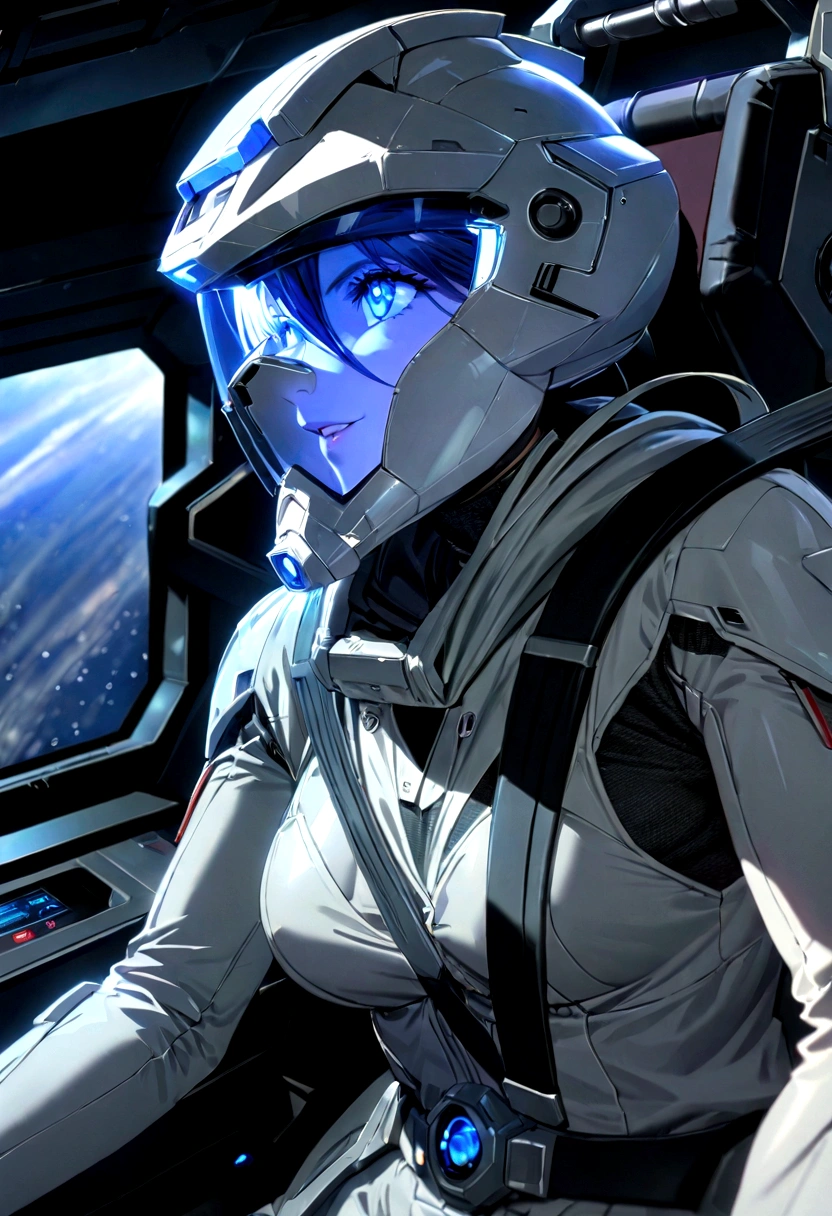 gundamwingcockpit, Woman piloting in cockpit, intricate detail, Highly Detailed beautiful and aesthetic, amazing quality, (masterpiece), (high quality), wallpaper 8K CG, high resolution, extremely detailed, photorealistic, 1 girl, extremely beautiful detailed face and eyes, grin, Beautiful detailed gemological eyes, White full-face helmet with transparent face guard, beautiful detailed face in helmet, white space suit, A magnificent universe of twinkling stars, Beautiful space view from the cockpit, countless stars, innumerable stars, grand space, delicate background, luminous particles, complex details,