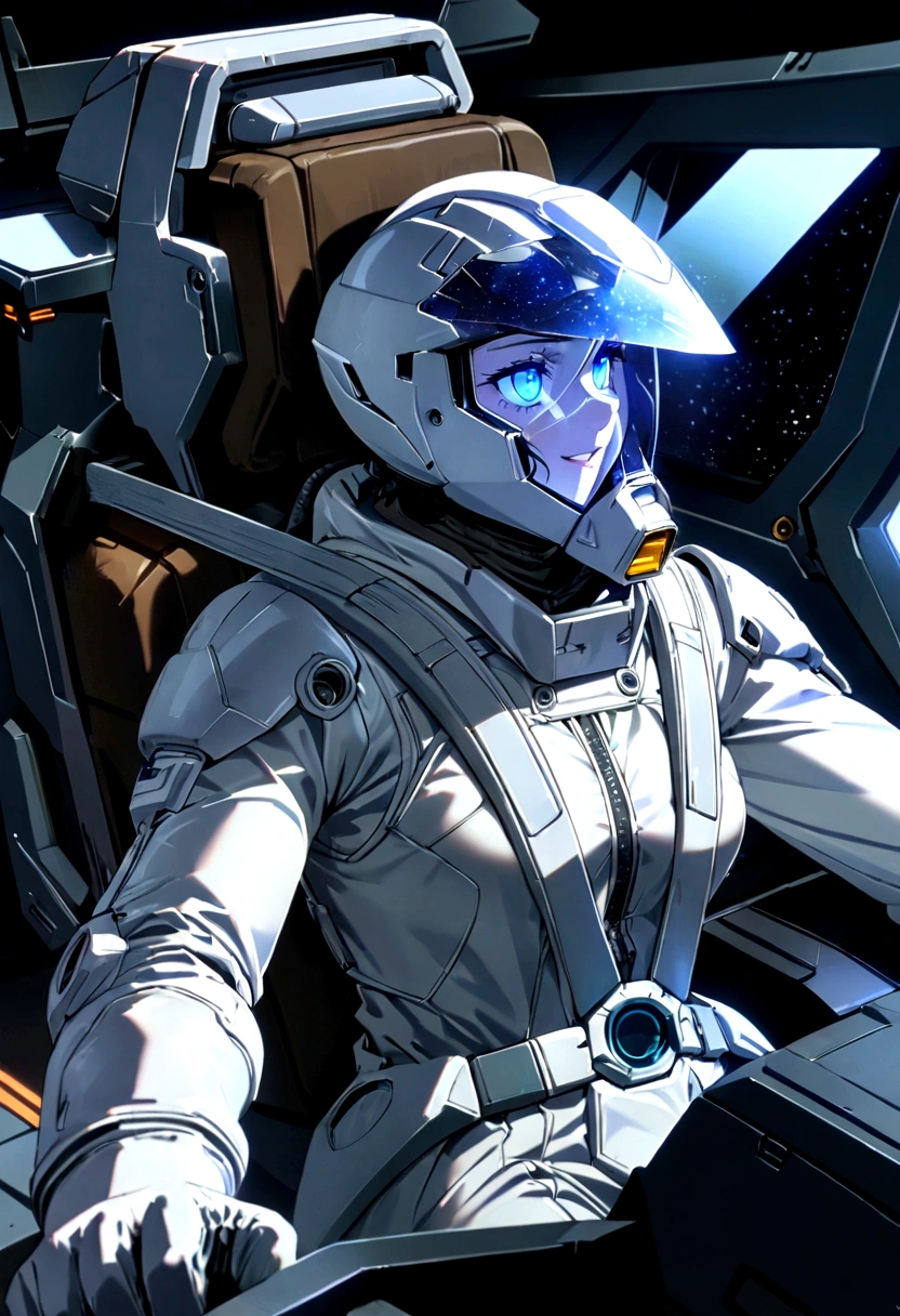 gundamwingcockpit, Woman piloting in cockpit, intricate detail, Highly Detailed beautiful and aesthetic, amazing quality, (masterpiece), (high quality), wallpaper 8K CG, high resolution, extremely detailed, photorealistic, 1 girl, extremely beautiful detailed face and eyes, grin, Beautiful detailed gemological eyes, White full-face helmet with transparent face guard, beautiful detailed face in helmet, white space suit, A magnificent universe of twinkling stars, Beautiful space view from the cockpit, countless stars, innumerable stars, grand space, delicate background, luminous particles, complex details,