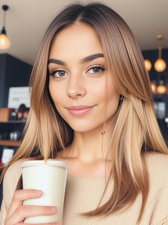 photo of a stunningly beautiful woman, 32 years, Perfect body, , long dirty, windy blonde hair, dark eyes, beautiful blonde in a beige sweater (drinking coffee in a modern cafe at sunset), Very detailed, 32 years, innocent face, natural wavy hair,, A high resolution, masterpiece, Best quality, complex parts, very detailed, sharp focus, Detailed skin, realistic skin texture, texture, detailed eyes, professional, 4K, Charming smile, shot on Canon, 85 mm, shallow depth of field, Цвет Kodak Vision, Perfect body, extremely detailed, Photo_\(ultra\), photorealistic, realistic, Post-processing, Maximum detail, roughness, real life, ultra realistic, Photorealism, photo, 8k contract, photo