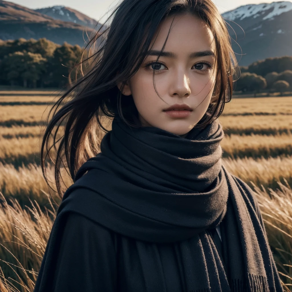 8k, best quality, masterpiece, realistic, ultra detail, photo realistic, Increase quality,
a photo of a girl standing in a field with a scarf, in the style of dark and brooding designer, voluminous mass, photobash, serene faces, jagged edges, navy, natural beauty, close-up shot