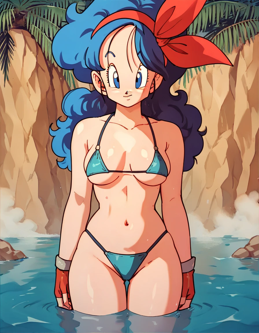 lunch (dragon ball) blue hair, very shy face, little smile, sonrojada, very small transparent bikini, hands behind, pose, in the water