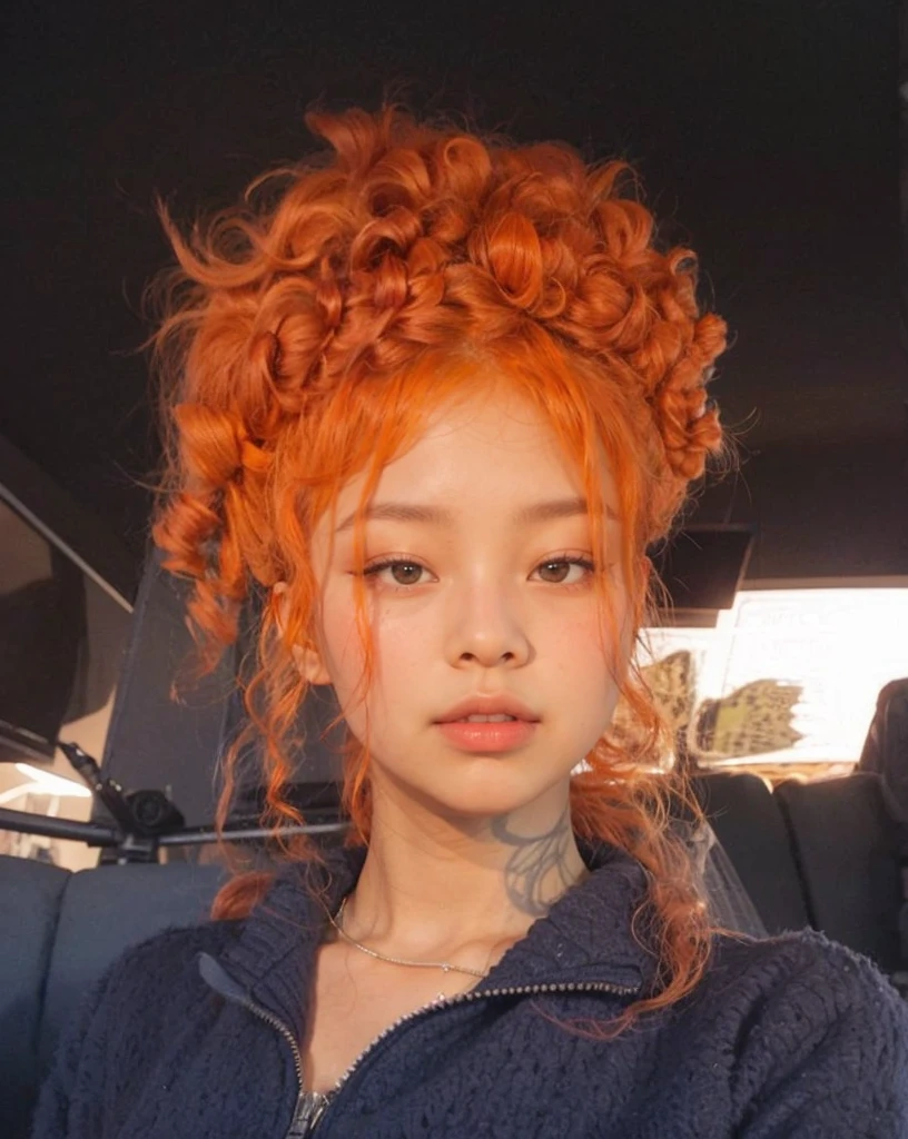 Jennie Kim - curly and orange hair, without tattoos and piercings