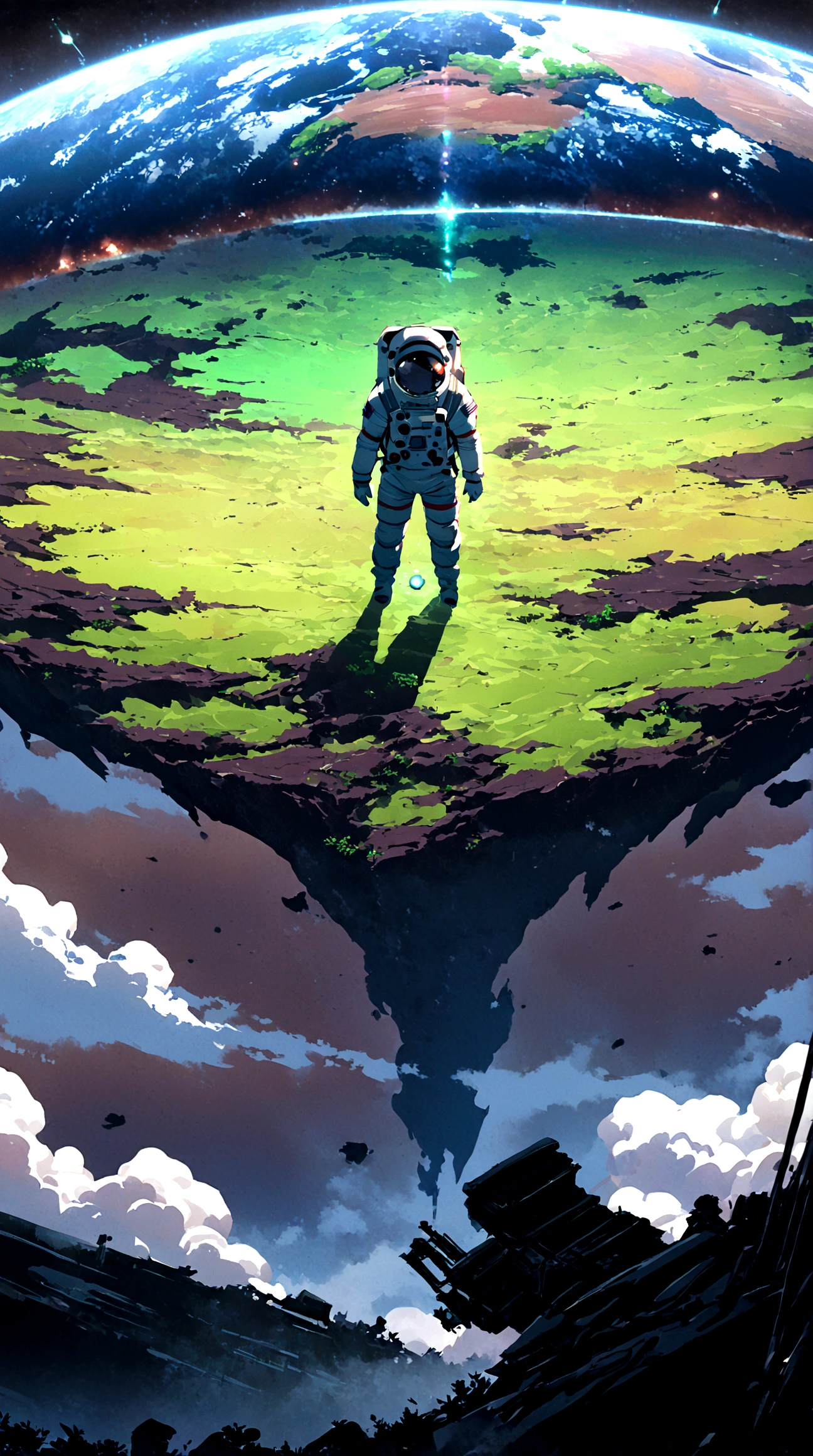 An astronaut standing on an alien planet filled with lush greenery, looking up at a destroyed Earth in the sky. The planet's vibrant landscape contrasts with the broken and fragmented view of Earth, creating a surreal and poignant scene. Intricate details, vivid colors, dramatic lighting, hd quality 