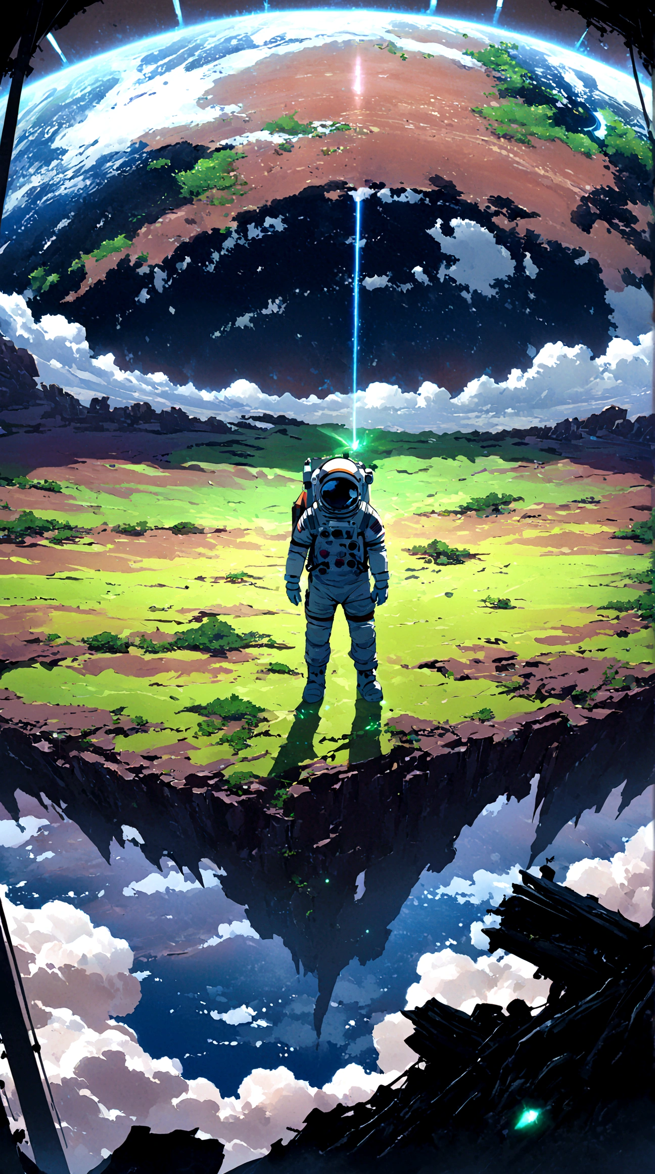 An astronaut standing on an alien planet filled with lush greenery, looking up at a destroyed Earth in the sky. The planet's vibrant landscape contrasts with the broken and fragmented view of Earth, creating a surreal and poignant scene. Intricate details, vivid colors, dramatic lighting, hd quality 