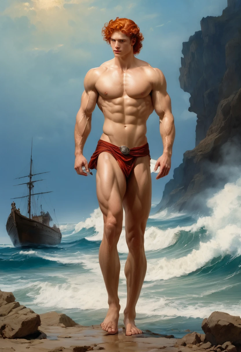 view , by Aaron Horkey and Jeremy Mann, masterpiece, best quality, Photorealistic, ultra-high resolution, photographic light, illustration by MSchiffer, fairytale, Hyper detailed A mixture of photography and painting, Composition of Perfect Divine Proportione, 8k resolution fullbody image,(( view )) full body, oil painting A young man, white skin, ginger, barbed, hairy body, thin face, straight nose, thin lips, square chin, large light blue eyes, short red wavy hair, in roberto ferri style, aesthetic slim athletic body, ginger realistic skin, gorgeous, detailed tonned muscles, barefoot, perfect , muscled fitness body, in caravagio+rubens+rembrant art style. Young man, perfect , , energetic splendid, Barefoot,wearing brown small satin loincloth slim and detailed muscles, shirtless, pantless, fullbody, wearing sandals, the composition of shadows and lights give an atmosphere of spaciousness, he is a spartan soldier standing on an spartandn ship at the sea, wearing spartan army helmet, barefoot, perfect detailed feet, relaxed body lenguaje, relaxed face expresion. in the backgroound, sea waves, young gorgeous spartan soldiers.
