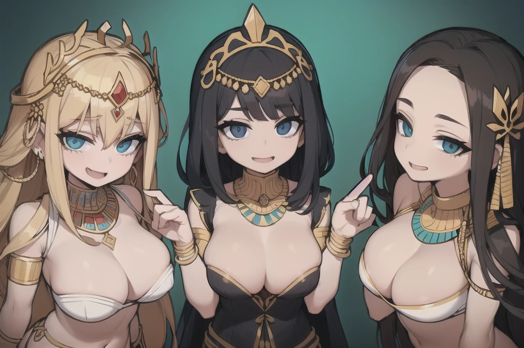 three sexy women who are wives of boy, looking at camera, happy opened mouths, portrait, various hair, egyptian godesses outfits