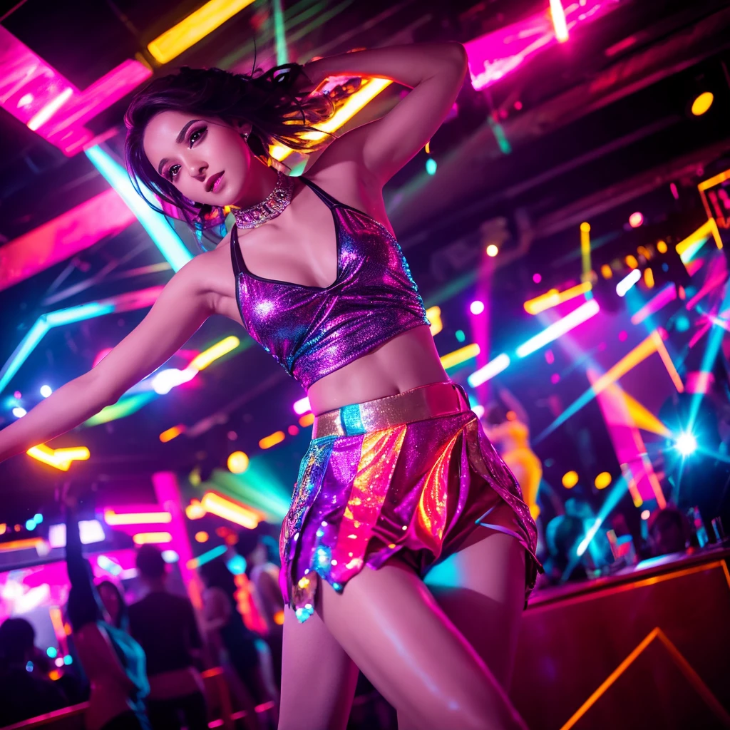 Club setting with vibrant lights
Women in dance poses
Flashing lights and dynamic colors