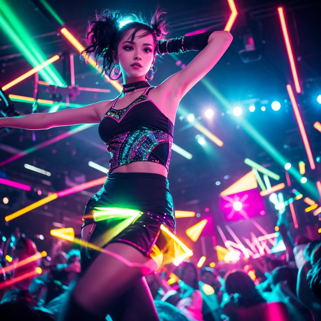 Club setting with vibrant lights
Women in dance poses
Flashing lights and dynamic colors