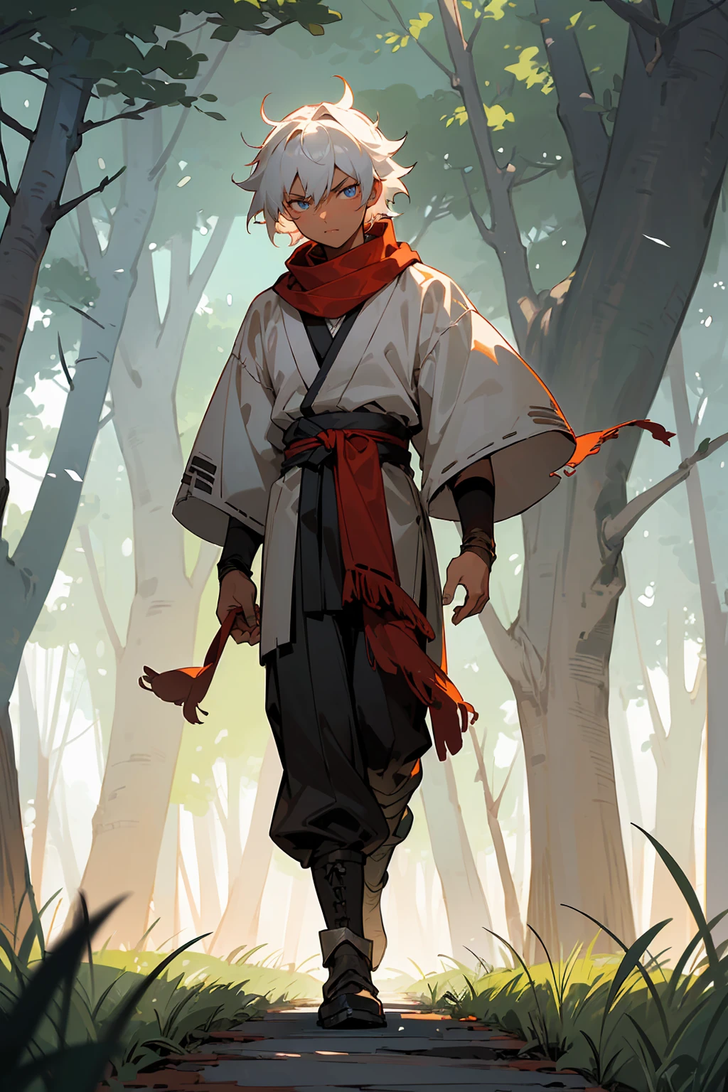 ((masterpiece,best quality,1male,male focus,masculine,solo,closed mouth,teenager,muscle,muscular)),((((white hair,short messy hair)))),((pale blue eyes,perfect eyes,glowing eyes,perfect face,serious demeanor)),(((black skin,dark skin color,standing still,caramel skin color,white haori,tattered red scarf,demon slayer outfit))),((forest background,trees,walking on path,grass))