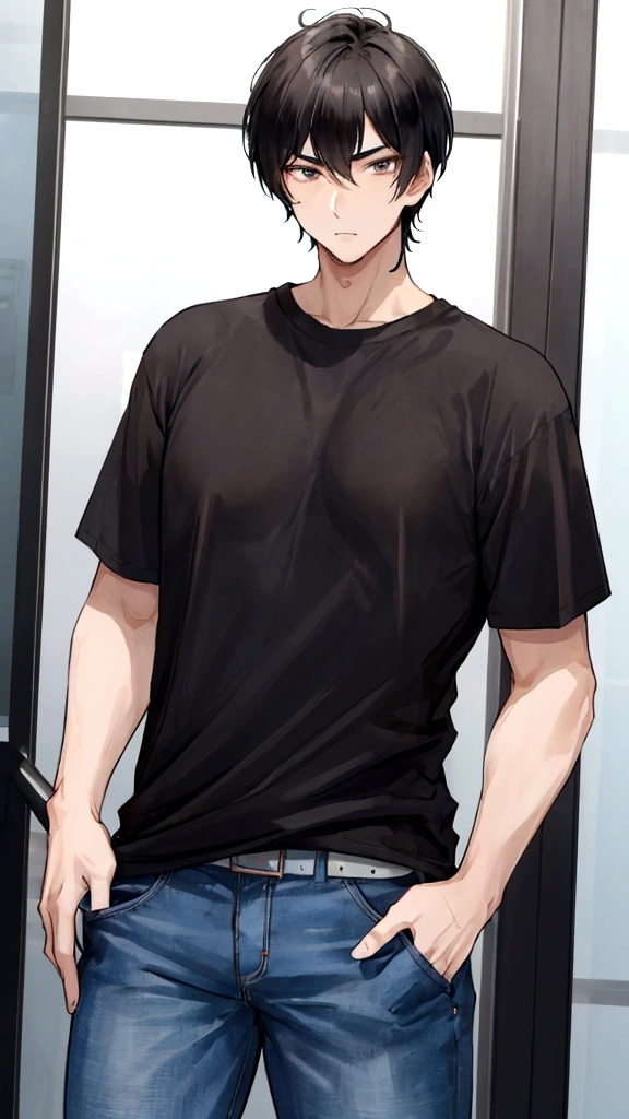 Ken: Short black hair, sharp features, dark eyes, athletic build, about 5'10" (178 cm) tall. He's often seen in casual attire like jeans and t-shirts.
