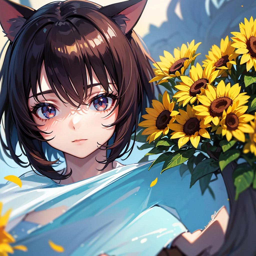 a one woman, In the wilderness, Sunnyday, new, cru, ultra HD, 8K, (close up:1.1), Head, high-detailed face, dazzling eyes, cat ears