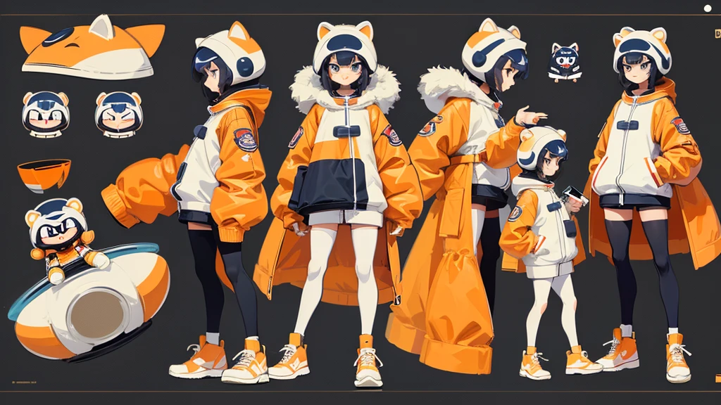 "Draw the animal raccoon wearing an astronaut suit in an anime chibi style. The astronaut suit should have orange details and a retro art deco design, slightly oversized to emphasize the chibi style. Create a character design sheet with the raccoon in different poses and from different angles, wearing sneakers."