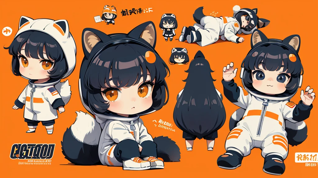 "Draw the animal raccoon wearing an astronaut suit in an anime chibi style. The astronaut suit should have orange details and a retro art deco design, slightly oversized to emphasize the chibi style. Create a character design sheet with the raccoon in different poses and from different angles, wearing sneakers."