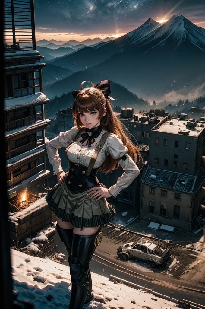 cowboy shot, (dynamic pose), smile,  underbust, Penny Polendina, long hair, neck ribbon, suspender skirt, corset, black bow, white blouse, mechanical legs, neon trim, standing, hand on hip, crowd, (crowd in army uniforms, searching with rifles),  ((in city ruins on hill, overlooking valley)), BREAK night, stars, moon, snow, BREAK mountains in background, waterfall, vehicle wreck, bonfires, post-apocalypse, dystopian future, (volumetric lighting), intricate details, tonemapping, sharp focus, hyper detailed

