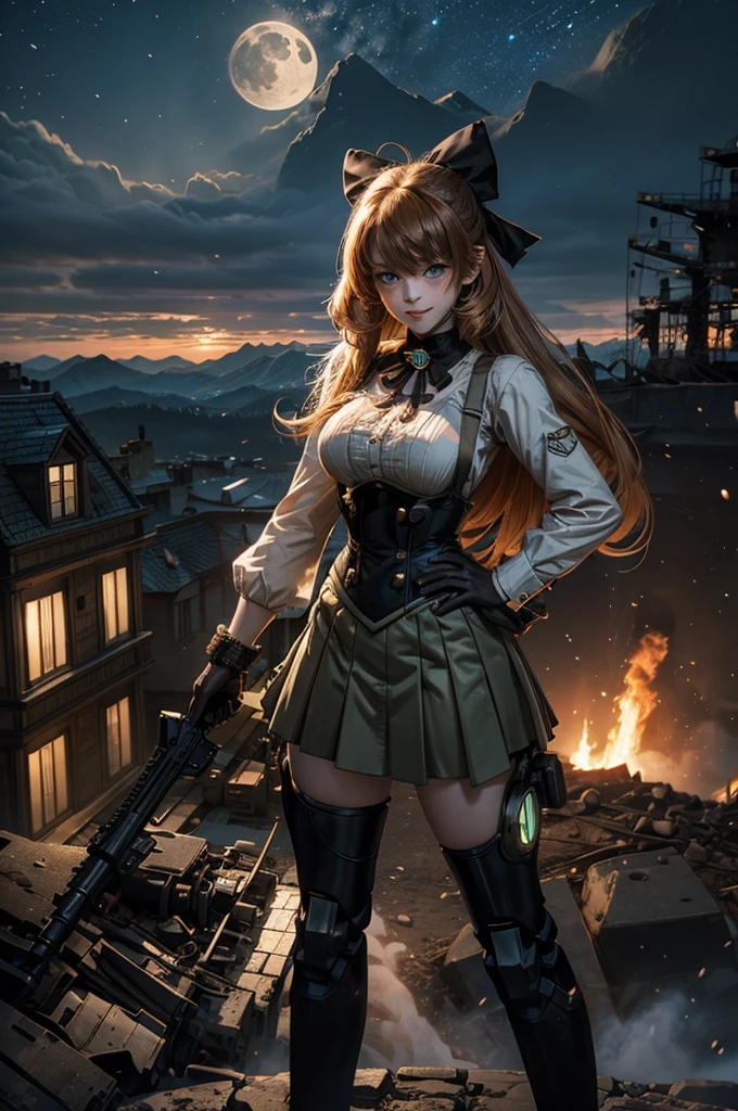 cowboy shot, (dynamic pose), smile, underbust, Penny Polendina, long hair, neck ribbon, suspender skirt, corset, black bow, white blouse, mechanical legs, neon trim, standing, hand on hip, crowd, (crowd in army uniforms, searching with rifles), ((in city ruins on hill, overlooking valley)), BREAK night, stars, moon, snow, BREAK mountains in background, waterfall, vehicle wreck, bonfires, post-apocalypse, dystopian future, (volumetric lighting), intricate details, tonemapping, sharp focus, hyper detailed
