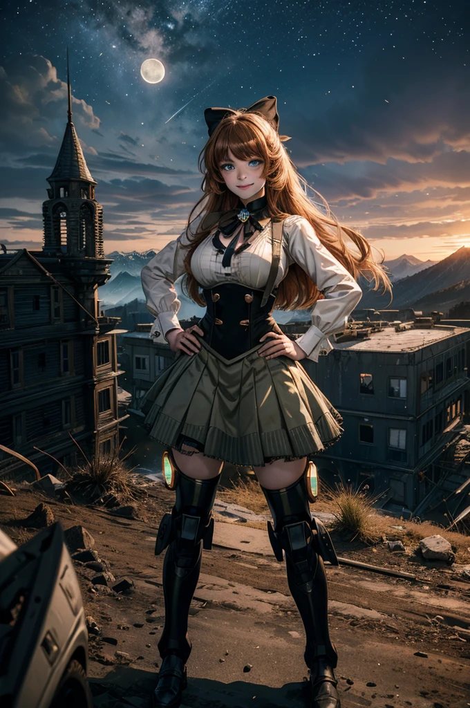 cowboy shot, (dynamic pose), smile,  underbust, Penny Polendina, long hair, neck ribbon, suspender skirt, corset, black bow, white blouse, mechanical legs, neon trim, standing, hand on hip, crowd, (crowd in army uniforms, searching with rifles),  ((in city ruins on hill, overlooking valley)), BREAK night, stars, moon, snow, BREAK mountains in background, waterfall, vehicle wreck, bonfires, post-apocalypse, dystopian future, (volumetric lighting), intricate details, tonemapping, sharp focus, hyper detailed

