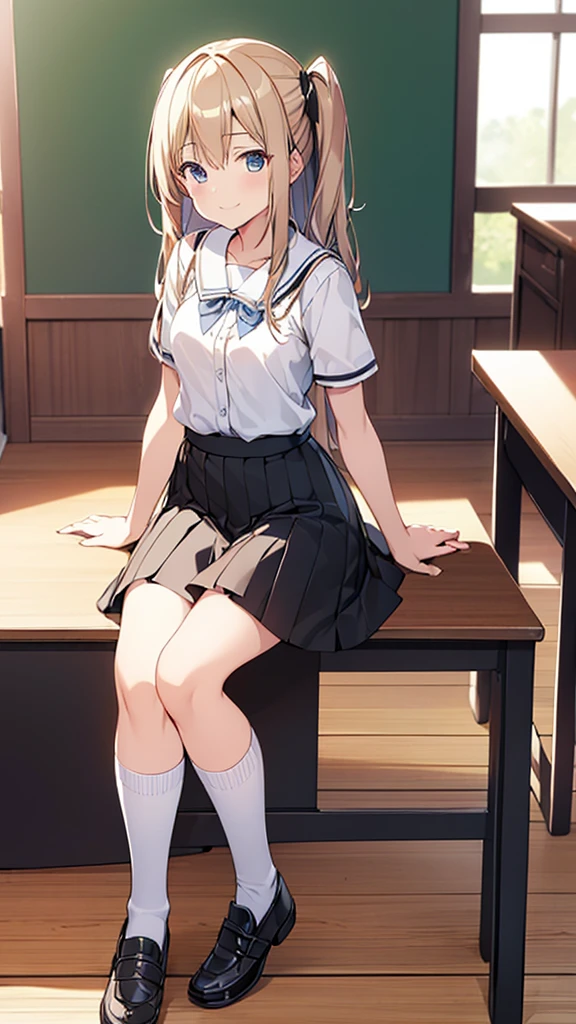 ((masterpiece)), ((Highest quality)), ((High resolution)), ((Highly detailed CG Unity 8k wallpaper)), alone, Tachibana Sonata, Black Skirt, White socks, A small smile, classroom