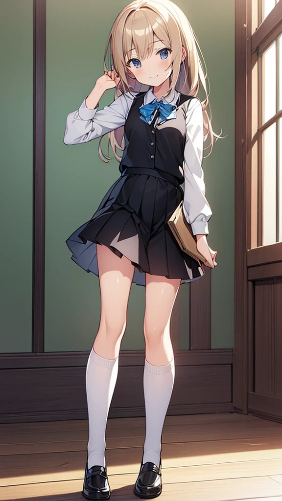 ((masterpiece)), ((Highest quality)), ((High resolution)), ((Highly detailed CG Unity 8k wallpaper)), alone, Tachibana Sonata, Black Skirt, White socks, A small smile, classroom