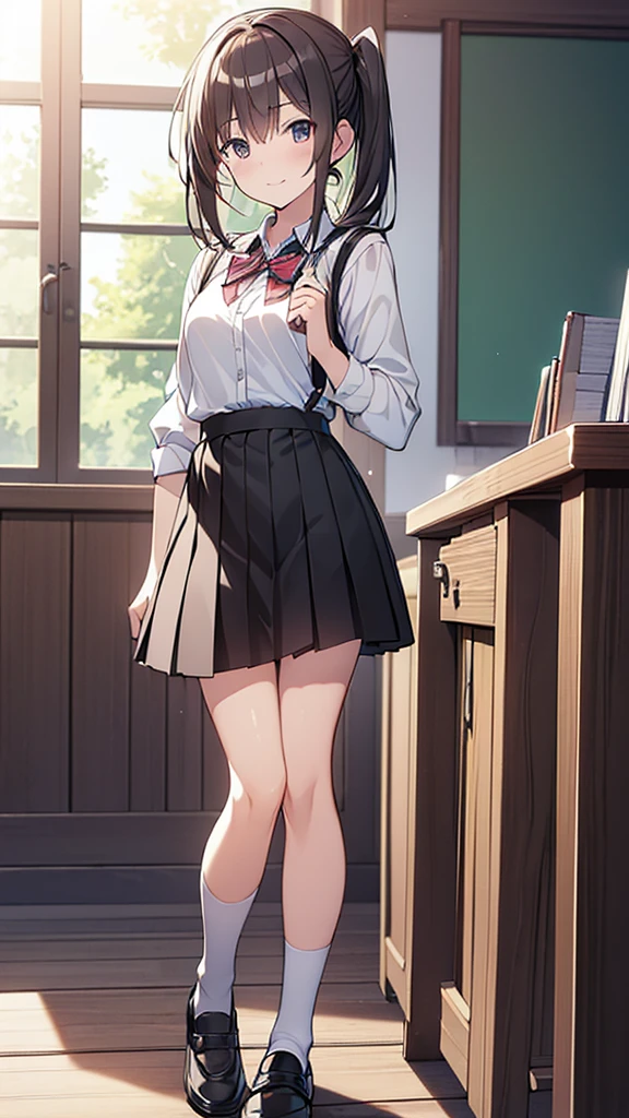 ((masterpiece)), ((Highest quality)), ((High resolution)), ((Highly detailed CG Unity 8k wallpaper)), alone, Tachibana Sonata, Black Skirt, White socks, A small smile, classroom